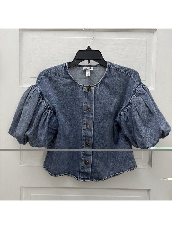 Future Collective Tops - Future Collective Denim Puff Sleeve Crop Top XS Button Front Cotton Blue